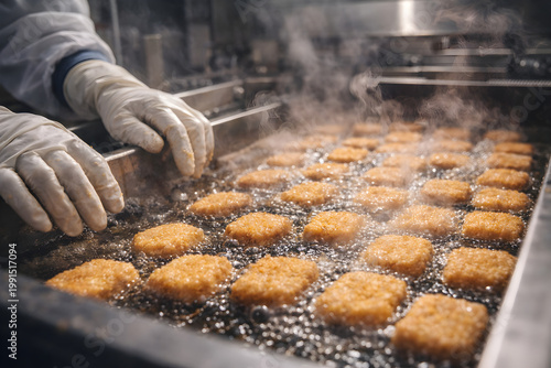 worker hands frying chicken nugget