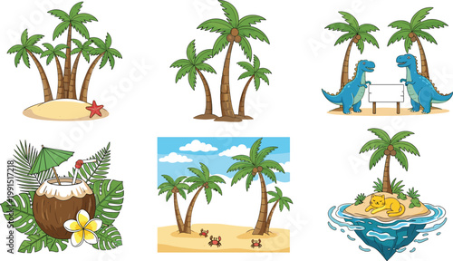 Tropical island palm tree set with coconuts, beach scenery, dinosaurs and ocean elements vector illustration exotic summer vacation nature collection