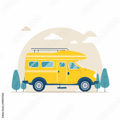 Yellow camper van with roof rack and blue accents, surrounded by trees and clouds