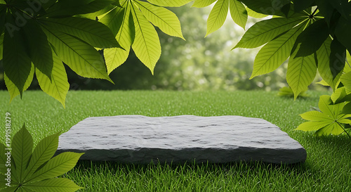 Stone podium in a lush green garden with leafy archway