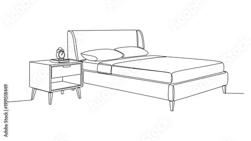 Minimalist continuous line drawing of a modern bed and nightstand. Continuous line style. Hand drawn. Line art. Vector design. illustration