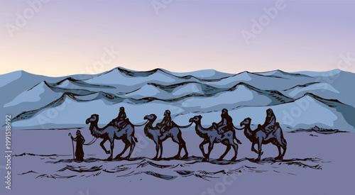 Camel caravan travels. Vector drawing