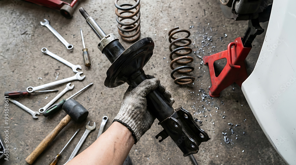 Fototapeta premium Mechanic s hand holding car shock absorber with tools and parts scattered on garage floor.