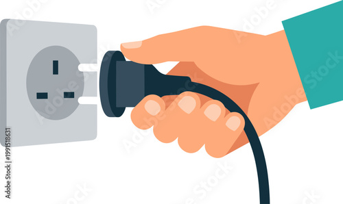 A hand plugs a black power cord into a white electrical outlet.