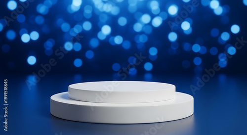 A white circular podium on a blue background with bokeh lights, ideal for product marketing and advertising