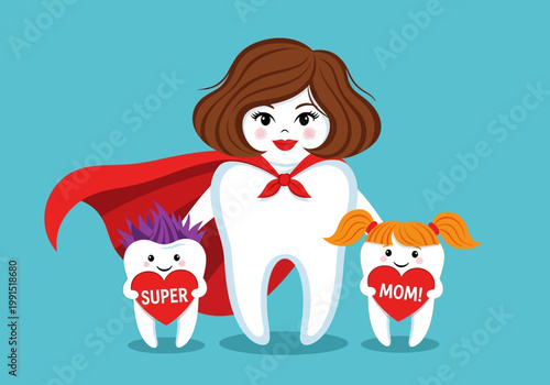 Superhero Mother Tooth with Child Teeth Holding Super Mom Hearts - Dental Mother's Day Concept