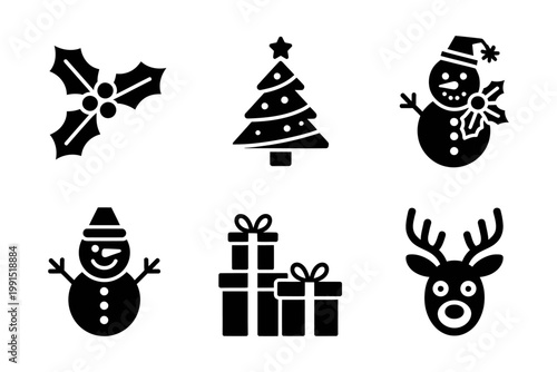 Vector of christmas icons including a tree, snowman, gifts, and reindeer in a festive holiday design