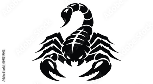 Stylized black scorpion illustration, menacing appearance, often used for tattoo designs. Isolated on a clean white background. Represents danger, power, and astrology.