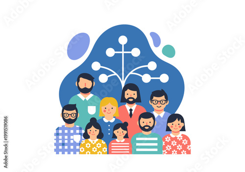 Diverse Family Tree and Genealogy Concept Illustration with People Avatars and Social Network Connection Graphic