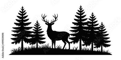 Vector silhouette of a majestic deer standing in a forest clearing surrounded by tall pine trees.