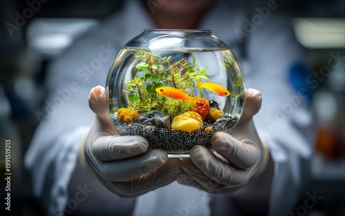 Marine Biologist Holds Small Aquatic Ecosystem in Bowl
