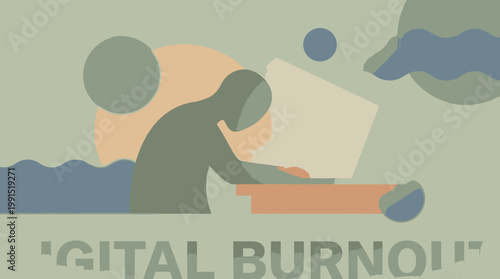 Modern professional experiencing digital burnout, hunched over a laptop, reflecting the overwhelming demands of remote work and constant screen time