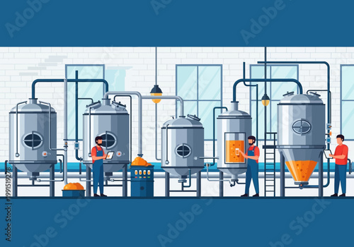 Modern Craft Brewery Production Line Vector Illustration with Workers Monitoring Industrial Tanks and Beverage Manufacturing Process