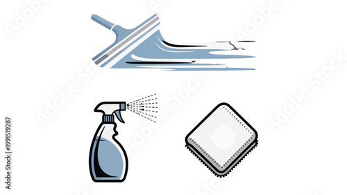 Essential Cleaning Tools: A trio of everyday cleaning essentials: a squeegee, a spray bottle, and a microfiber cloth, artfully arranged to symbolize cleanliness.