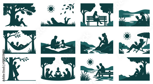 Solid dark silhouettes depicting individuals enjoying literature in nature parks under trees by lakes or on benches. Minimalist graphic design for peaceful outdoor leisure and reading habits.