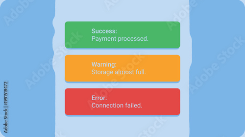 Status messages payment success, storage warning, and connection error notifications displayed on a blue background with a subtle wave pattern