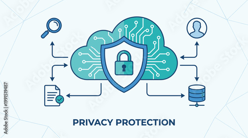 Modern digital privacy protection concept with secure cloud computing, data network security, and user information safeguarding UI elements illustration