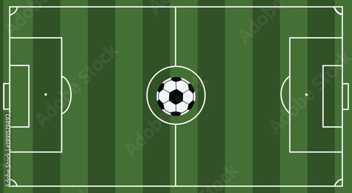 Top view of a soccer field with a ball center green football pitch background