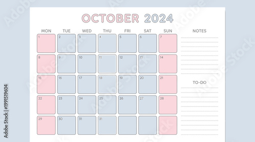 October 2024 Calendar Grid with Pink and Blue Accents