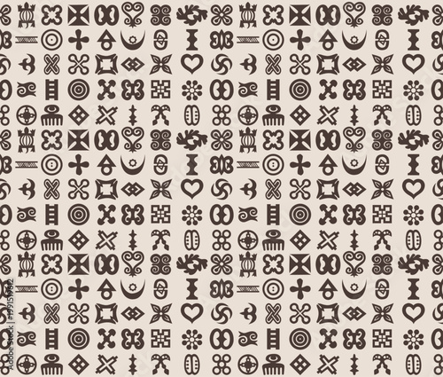 Traditional West African Adinkra symbols seamless pattern, ethnic Akan cultural motifs in chocolate and beige for tribal textile and Black History Month decor