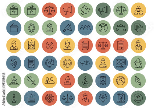 Collection of 48 Professional Politics, Election, and Law Icons in Circular Flat Design for Government, Voting, and Advocacy Campaigns