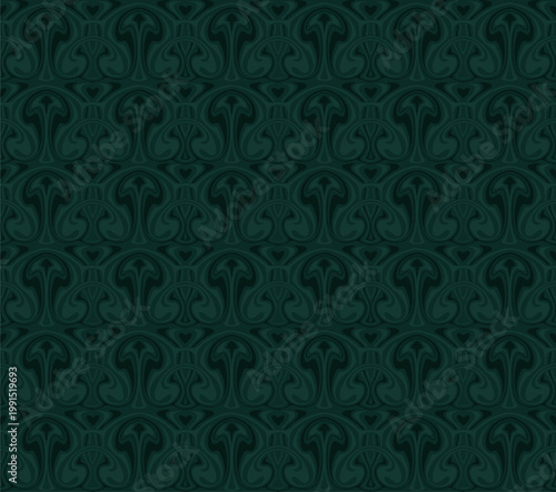 Luxury psychedelic liquid damask seamless pattern, emerald green trippy fluid ornament for gothic wallpaper and premium product packaging