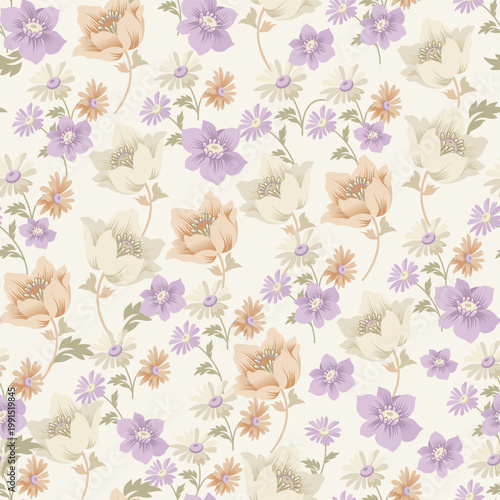 Vintage cottagecore seamless floral pattern with pastel peach anemones, lavender clematis and wild meadow daisies for spring textile design