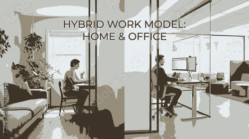 Conceptual illustration depicting the modern hybrid work model, showcasing individuals productively working from both comfortable home environments and professional office spaces