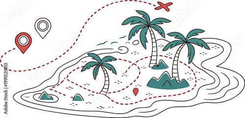 Illustration of a tropical island with palm trees and a travel route map