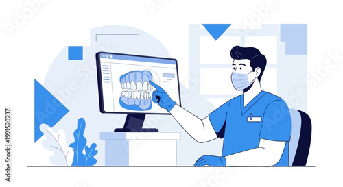 Dental Professional Examining 3D Teeth Model on Digital Screen