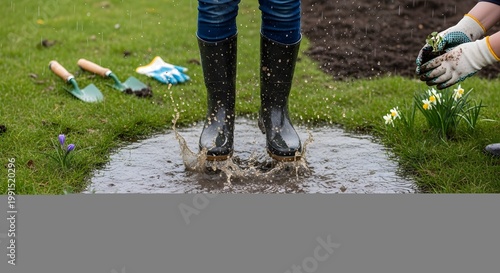 Person jumping puddle rainy day outdoor