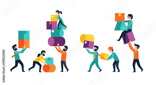 Teamwork and collaboration in stacking and moving boxes, illustrating business logistics and synergy