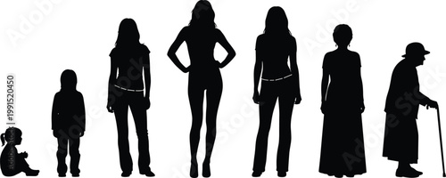 Set of black silhouettes representing the life cycle of a woman, from childhood and youth to adulthood and old age, isolated on white background, vecto