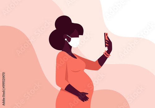 Pregnant Black Woman Wearing Protective Face Mask Taking Selfie with Smartphone Illustration, Modern Healthcare and Pregnancy Wellness Concept