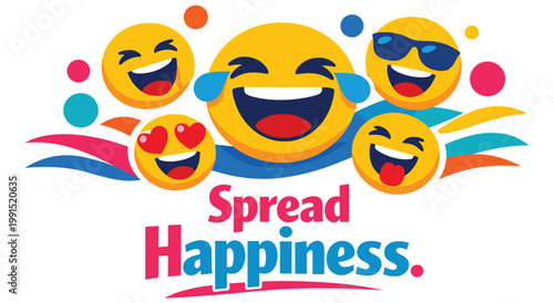 Spread happiness concept with diverse laughing emoji characters, flat vector illustration. cheerful emoticons and colorful shapes, isolated on white background. joy and positive emotions.