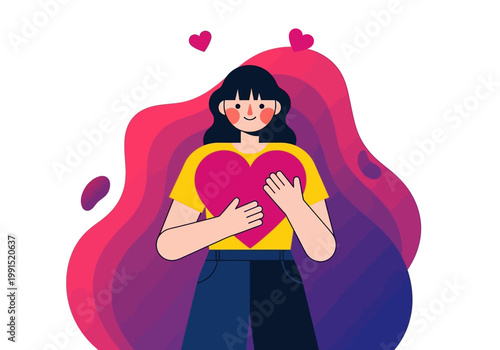 Self-Love and Mental Health Awareness Concept: Vector Illustration of a Happy Young Woman Hugging a Large Pink Heart