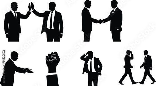 Set of professional business silhouettes featuring businessmen shaking hands, high fiving, walking, and gesturing, isolated on a white background for corporate and office design concepts