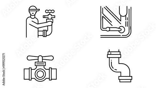Plumbing and Pipelines: Illustrated vector icons showcasing the essentials of plumbing and pipe systems. A detailed illustration including a plumber, various valves, and pipes.