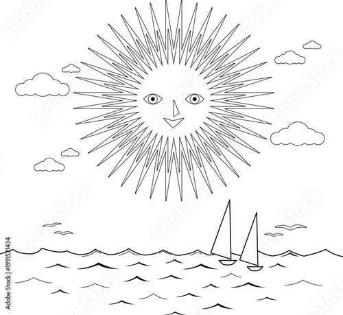 Sun and sea. A warm smiling summer sun above the wavy sea. Natural beach background with little boats in the water. Vector black and white coloring page