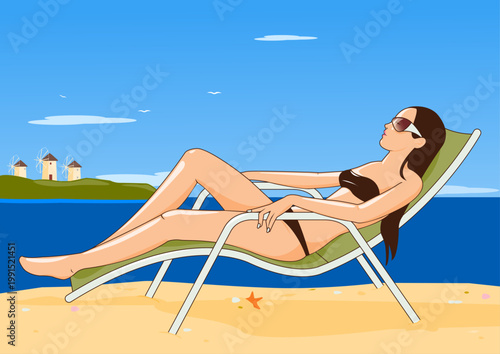 Pretty woman in a swimsuit relaxing on a lounger beach chair on a sunny summer island under a blue sky next to the sea. Mediterranean travel in the summer. Vector illustration