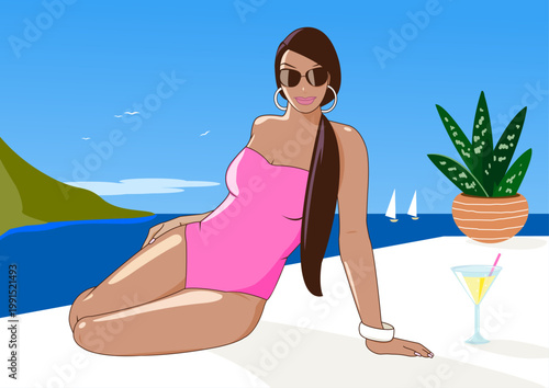 Woman in a pink swimsuit relaxing at a vacation spot with a cocktail drink by the beach on a sunny summer island under a blue sky next to the sea. Mediterranean travel in the summer. 