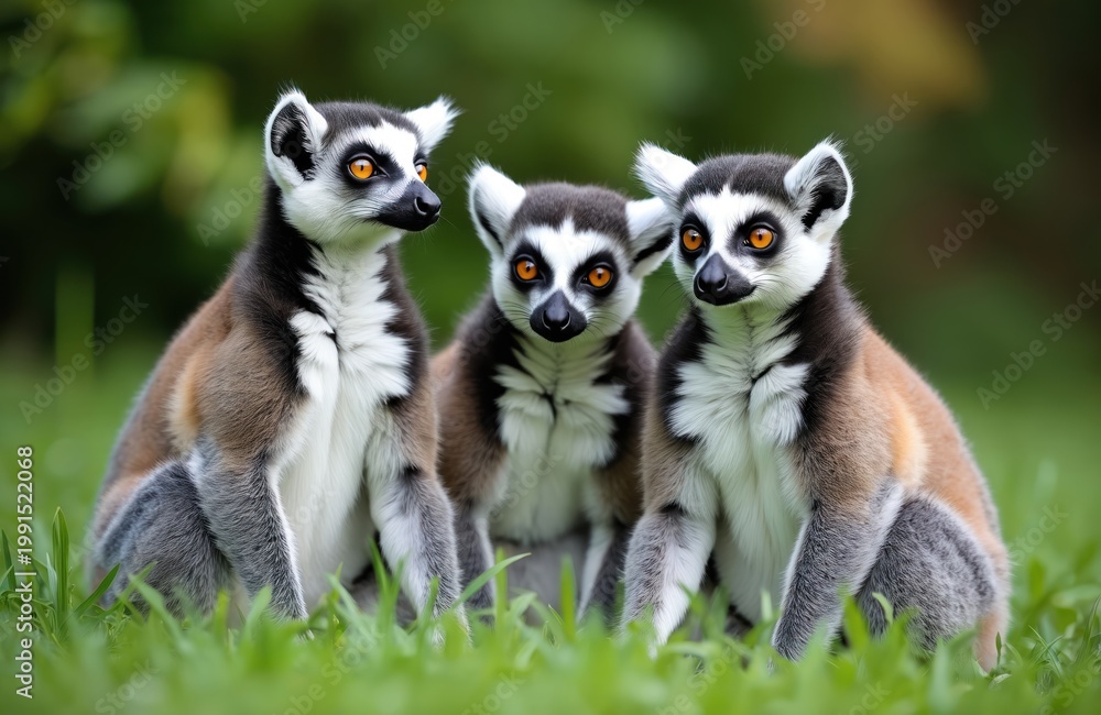 Naklejka premium Three ring tailed lemurs sit together on green grass. These primates have black and white striped tails and striking orange eyes. They look curious and relaxed in their natural habitat.