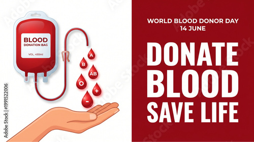 Blood donation awareness concept with medical bag and falling drops into human hand for world donor campaign healthcare support and life saving social message promotion