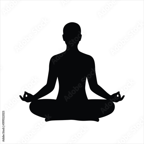 A black vector illustration of a woman sitting in a lotus pose silhouette, symbolizing zen meditation, spiritual peace, and relaxation for health and fitness