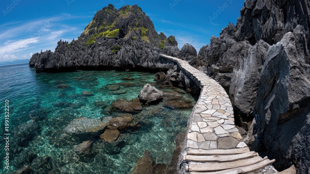 Obraz premium Stone walkway connects jagged rock formations over brilliant turquoise tropical water