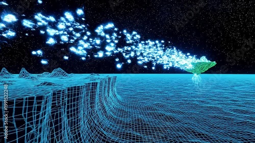 A futuristic 3D illustration of a green mesh object emitting a beam of light across a digital landscape with a grid pattern
