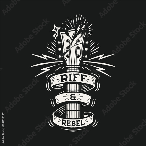 Retro monochrome t-shirt graphic with guitar headstock, sparks, lightning, ribbon banner, stars on black.