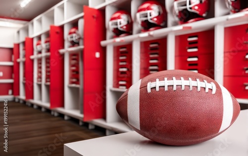 Locker Room Scene with Ball in Foreground and Helmets