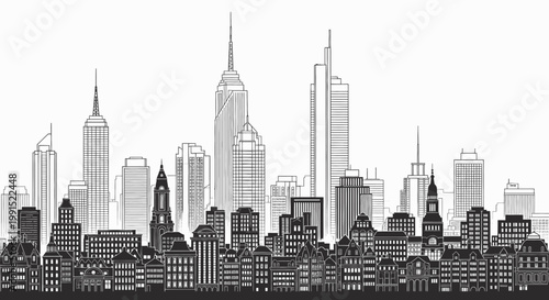 Detailed panoramic vector illustration of a diverse urban city skyline, showcasing a dynamic blend of contemporary skyscrapers and classic architecture in striking black and white