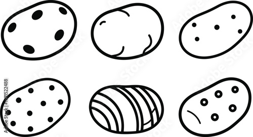 Set of hand drawn potato icons in simple outline style featuring different textures and shapes for minimal food illustration and design use